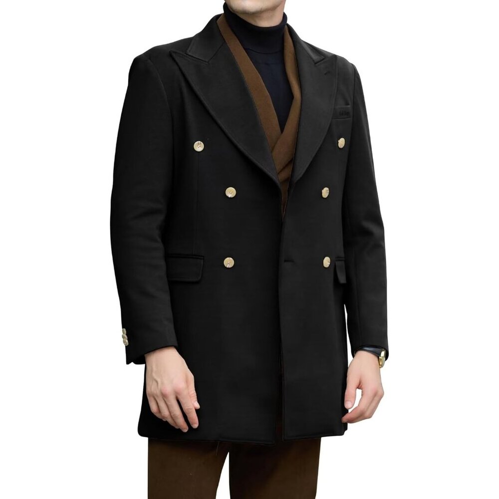 ✨Men Black Winter Jacket Trench Coats Long Jackets Warm Double Breasted Overcoat